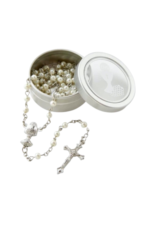 White First Communion Rosary with Case