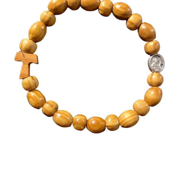 Olive Wood Bracelet with Tau Cross and Saint Medal – The