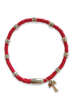 Leather Braided Bracelet with Silver Tau Cross - Red
