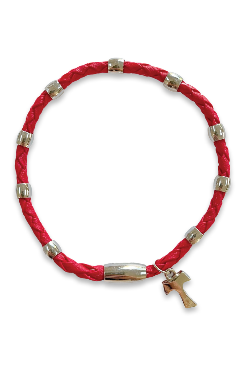 Leather Braided Bracelet with Silver Tau Cross - Red