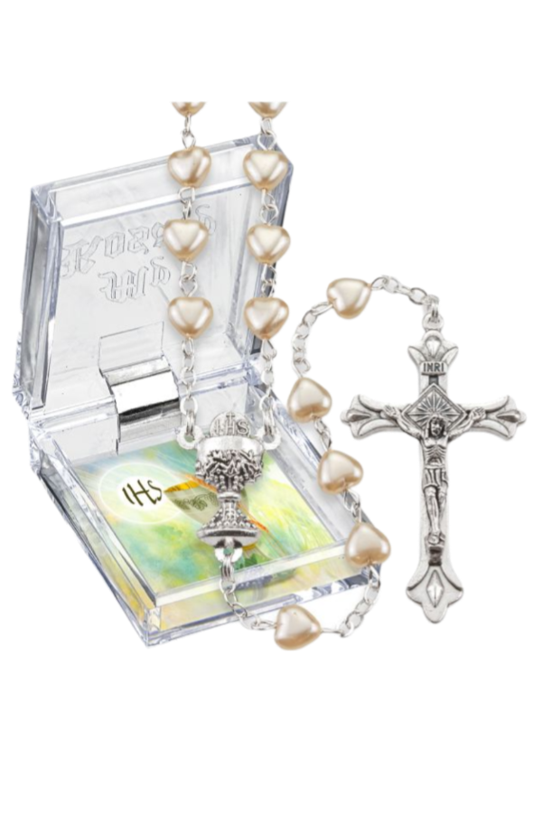 Pearlized Heart-Shaped Glass Bead Communion Rosary