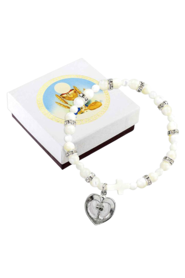 First Communion Pearl and Crystal Bead Stretch Bracelet