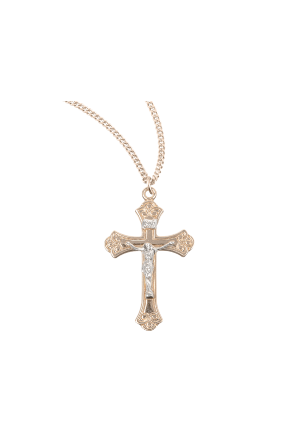 1.1" Gold Over Sterling Medium Fancy Two-Tone Crucifix