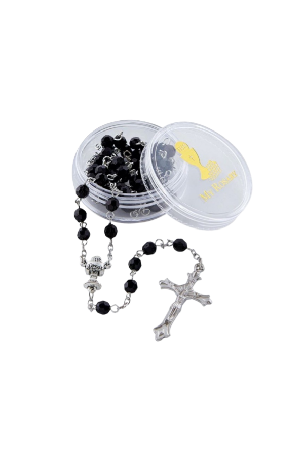 First Communion Rosary Black Glass Beads