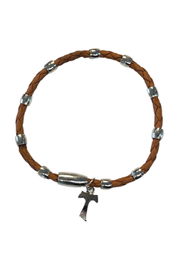 Brown Braided Leather Bracelet with Silver Beads and Tau Cross