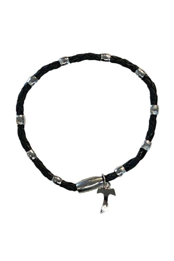 Black Braided Leather Bracelet with Silver Beads and Tau Cross