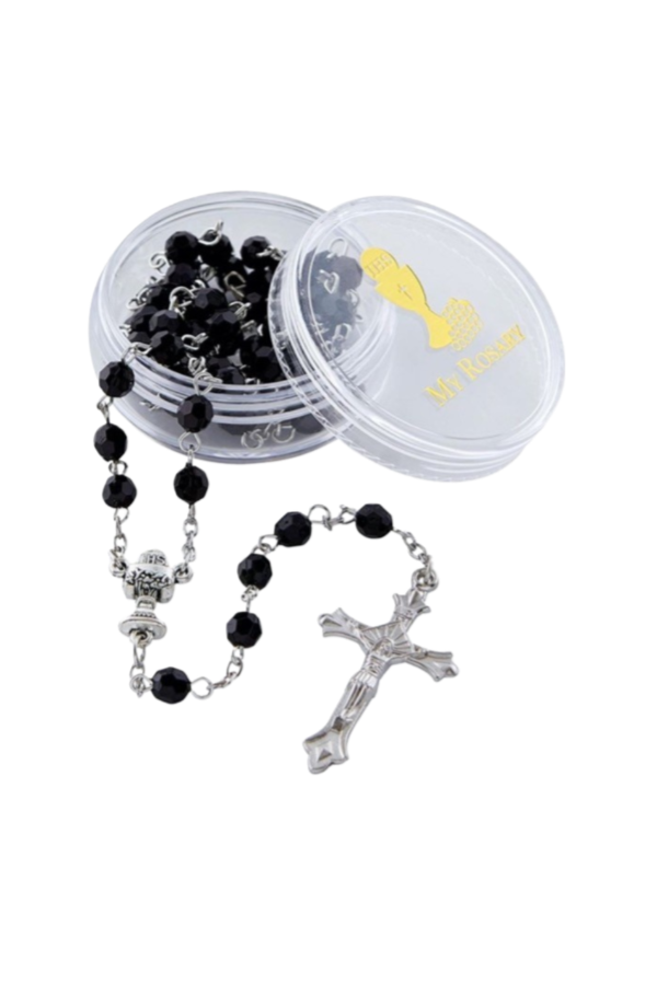 First Communion Black Crystal Faceted Rosary with Case