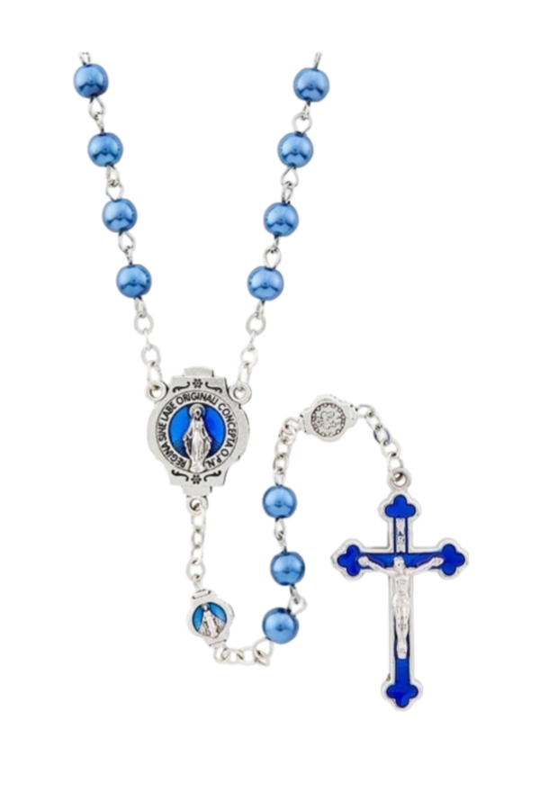 Blue Miraculous Medal Pearl Rosary