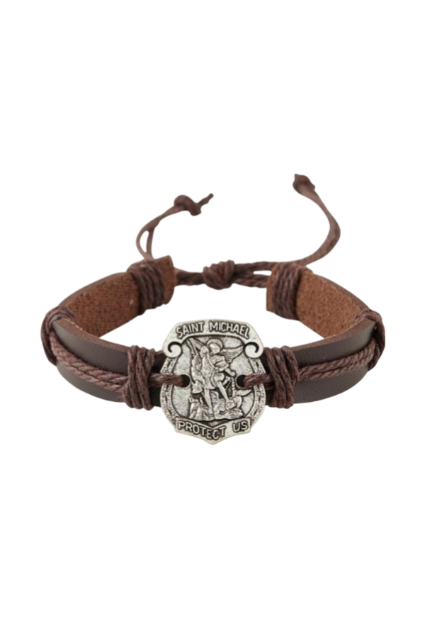 Leather St. Michael Medal Bracelet - Brown