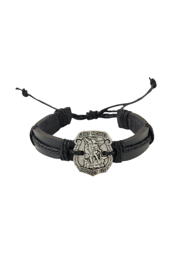 Leather St. Michael Medal Bracelet - Black