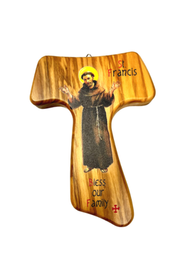 Olive Wood Tau Cross - St. Francis Bless our Family