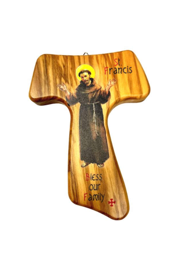 Olive Wood Tau Cross - St. Francis Bless our Family