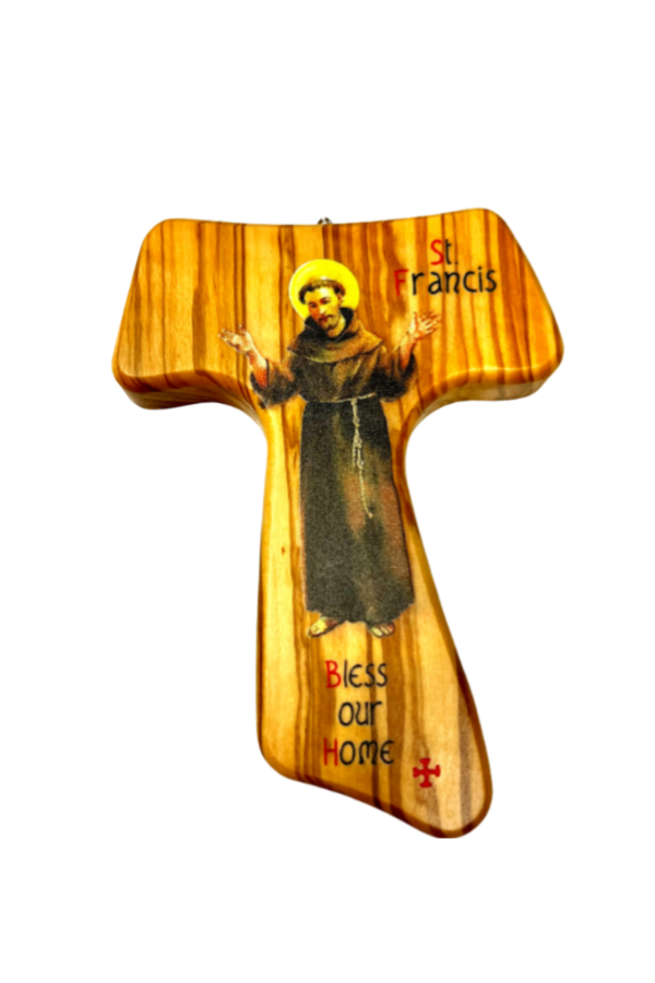 Olive Wood Tau Cross - St. Francis Bless our Home