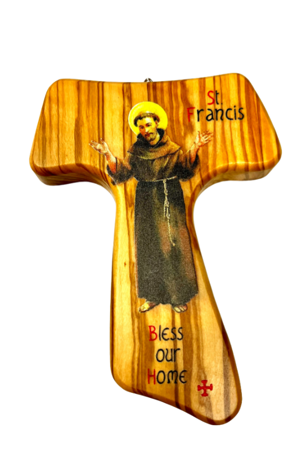 Olive Wood Tau Cross - St Francis Bless our Home