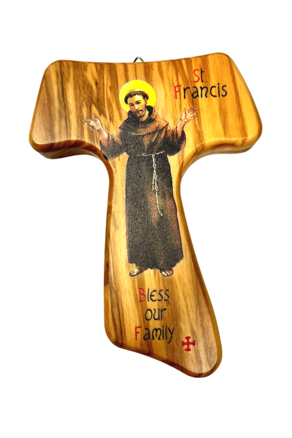 Olive Wood Tau Cross - St. Francis Bless our Family