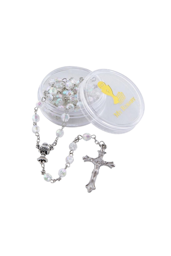 First Communion Crystal Faceted Rosary with Case