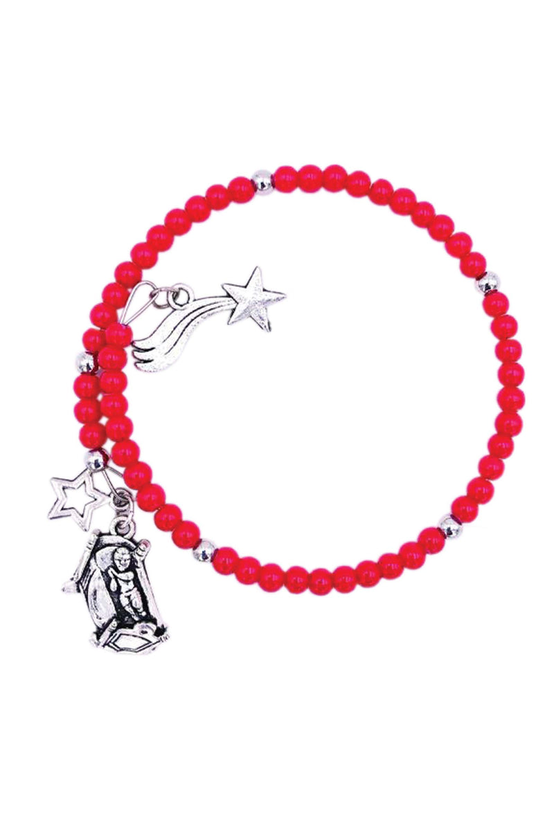 Red Christmas Rosary Bracelet with Silver Charms