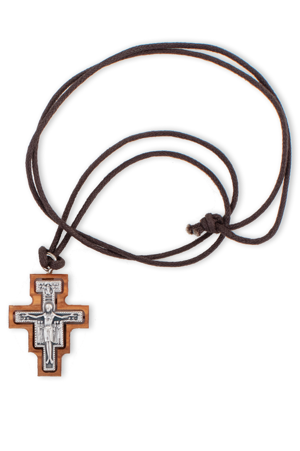 Olive Wood Crucifix Pendant on Black Cord Necklace