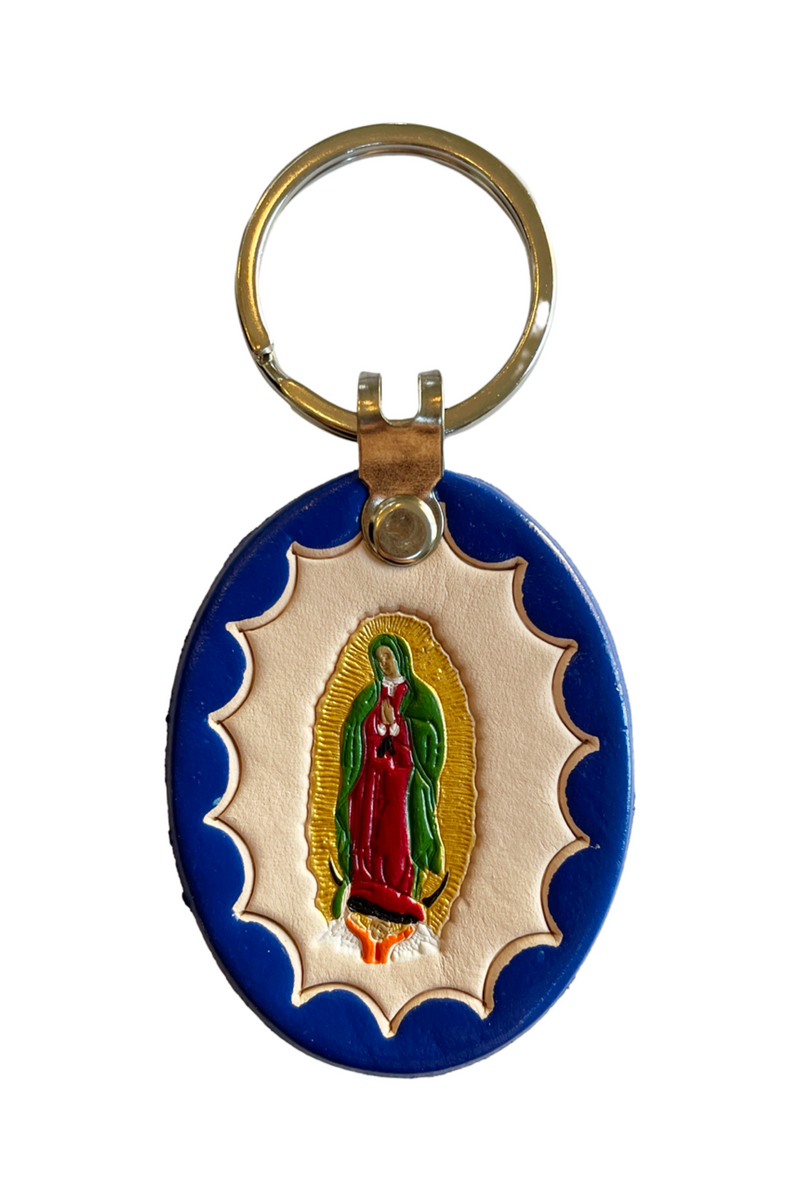 Our Lady of Guadalupe Leather Keychain - Blue