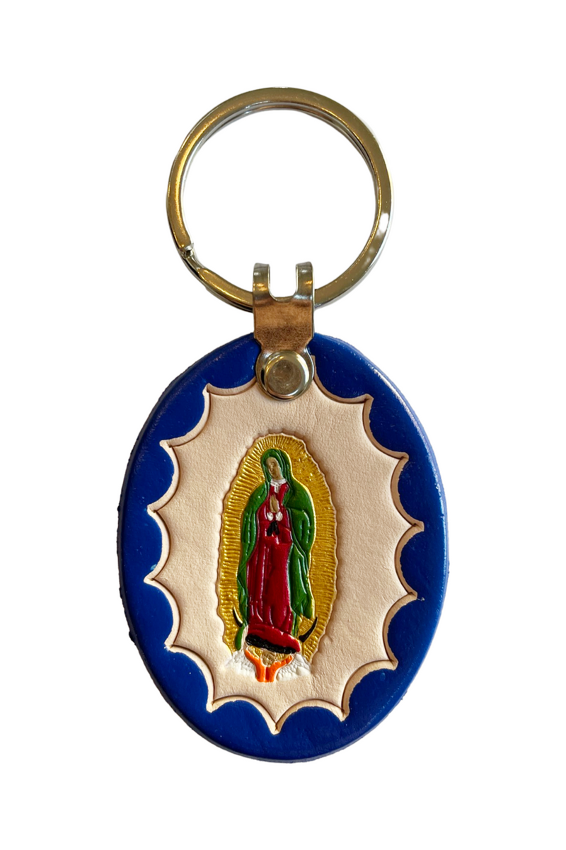 Our Lady of Guadalupe Leather Key Ring - Blue